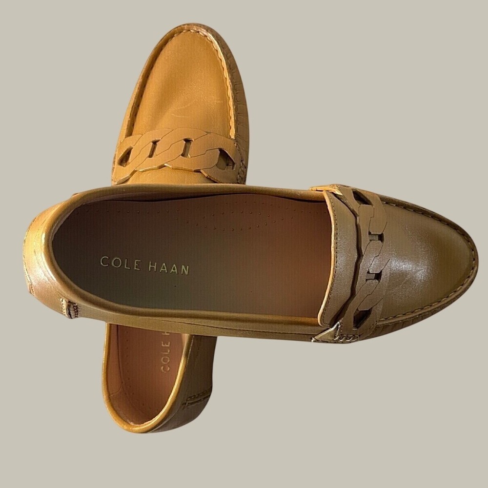 Cole Haan Driver Loafers Women Size 7.5 Tan Leather Braided Chain W18659 - Picture 6 of 10